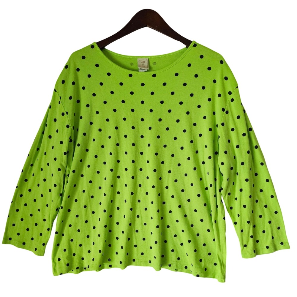 Jess & Jane Womens 3X Lime Green Black Polka Dot Cotton 3/4 Sleeve Top 14-816X